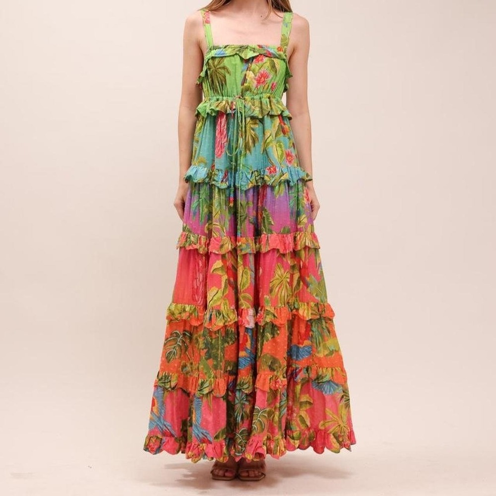 FARM Rio Women's Large Ombré Forest Tiered Cotton Maxi Dress Multicolor
